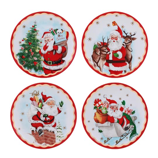 90th Anniversary Collection 8&#x22; Gold &#x26; Red Trimmed Ceramic Santa Plates, 4ct.